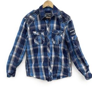 Affliction Blue Plaid Long‎ Sleeve Button Down Shirt Large Y2K Patchwork